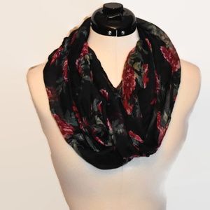 Moody Floral Infinity Scarf Black with Red Roses